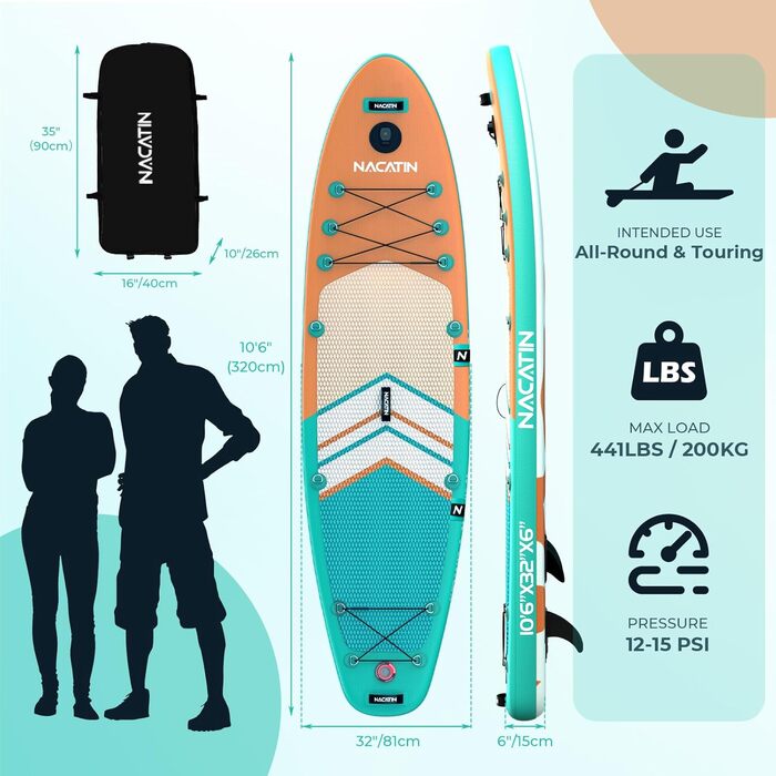 NACATIN SUP дошка надувна 320 см з сидінням для каякінгу, подвійним веслом, рюкзаком та ремкомплектом для річки, моря, йоги