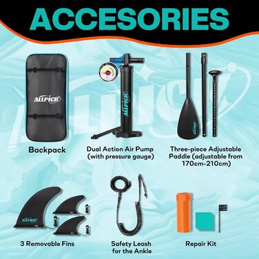 Надувний SUP-борд ALLPICK Premium Set: Комплектація для початківців та досвідчених, з кріпленням для камери, регульовим веслом, 200 кг, для відпочинку на пляжі (зелений)
