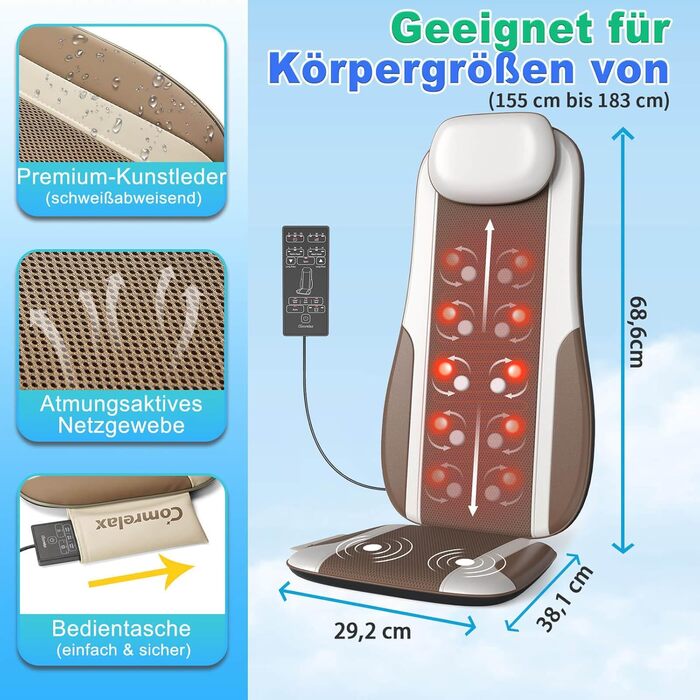 Масажер для спини Shiatsu з підігрівом, масажне крісло для зняття стресу, глибокий масаж-кнесінг та ролики, 2 вібраційні мотори, масажер спини, талії та стегон, PU-шкіра, з 2 блоками живлення, білий