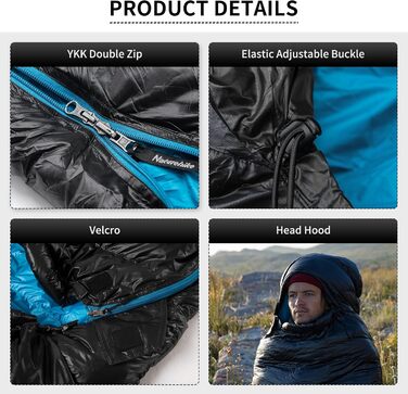 Сплячий мішок Naturehike 750FP, 4-сезонний, теплий зимовий, ультралегкий, компактний, з компресійним мішком для кемпінгу (CW700/Чорний/L)