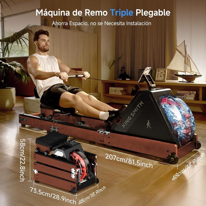 Складний тренажер для веслування, веслувальний тренажер, водонепроникний з 6 рівнями навантаження, для дому, складаний у 3 рази, вантажопідйомність 150 кг, сумісний з додатком, дуб червоний