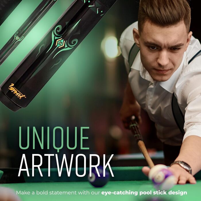 Billard Queue від IgnatGames: професійний бик з канадського клена (18/19/20/21 oz), з чохлом, інструментом для наконечників, рукавичкою та крейдою (590 мл, зелений)