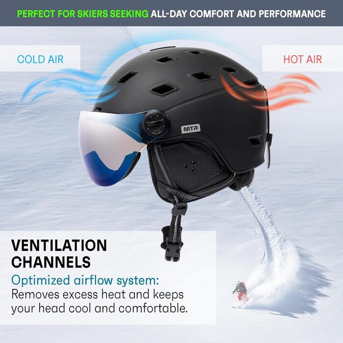 Шолом гірськолижний Meteor з контрастним візором та вентиляцією – для дорослих та дітей (55-58 см), чорний