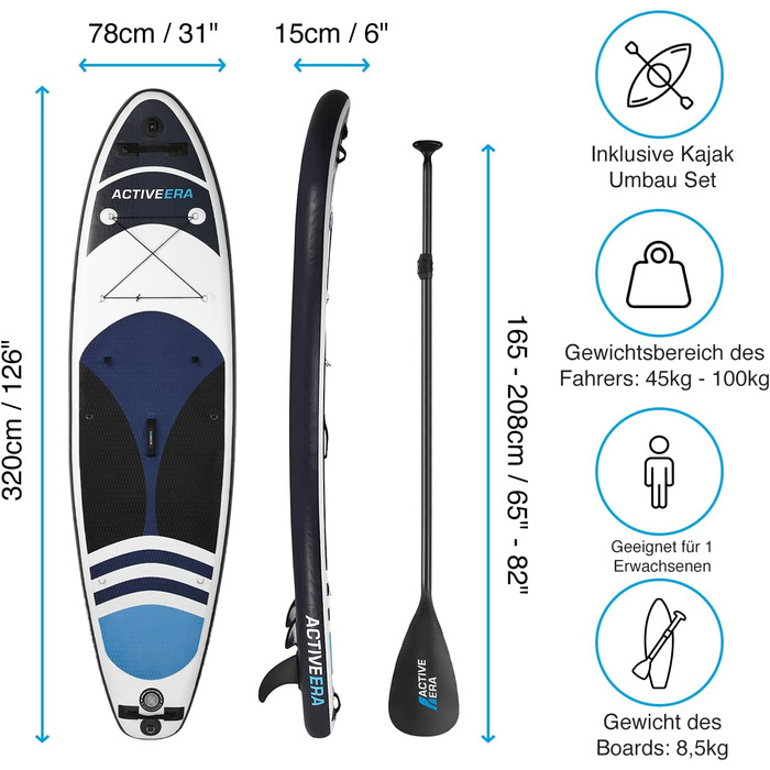 Надувне SUP-борд Active Era Stand Up Paddle Board з сидінням, комплект з регульованим веслом, насосом, рюкзаком та кріпленням для камери, 6 дюймів, 320x78x15 см, до 130 кг, блакитний