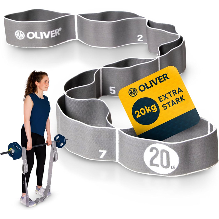 Еластична фітнес-стрічка Oliver Tex-O Maxiband 118 см з 8 петлями, для тренувань, реабілітації, йоги, прана, посилена, різні рівні жорсткості, можна прати