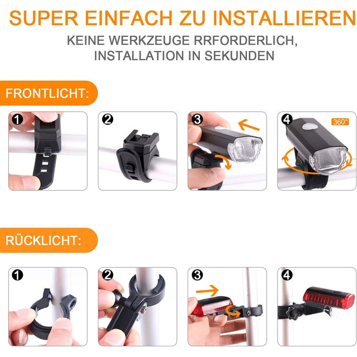 Велофара ITSHINY USB - комплект переднього та заднього світла, водонепроникний, з алюмінію, LED, StVZO, чорний