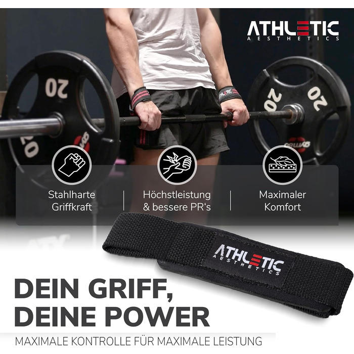 Лягки для тренувань Athletic Aesthetics - ремені для підйому штанги, 60 см, для фітнесу, пауерліфтингу, важкої атлетики, чорні (пара)