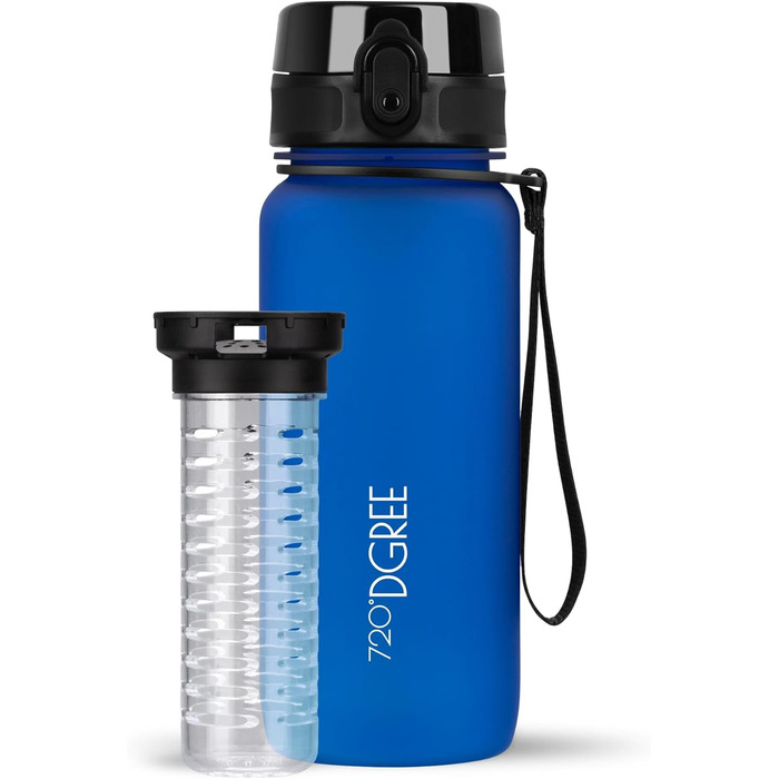 Бутилка для води 720°DGREE uberBottle 650 мл SoftTouch з фруктовим контейнером, тритановий, BPA-free, для дітей, школи, спорту, фітнесу, синя, ударостійка, не протікає