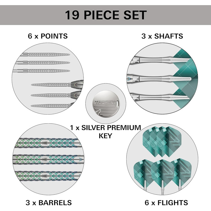 Професійний набір дротиків Target Darts Rove Swiss Point 90% вольфраму, сталевий наконечник, зелено-сріблясті, 22-25 г, з інструментом