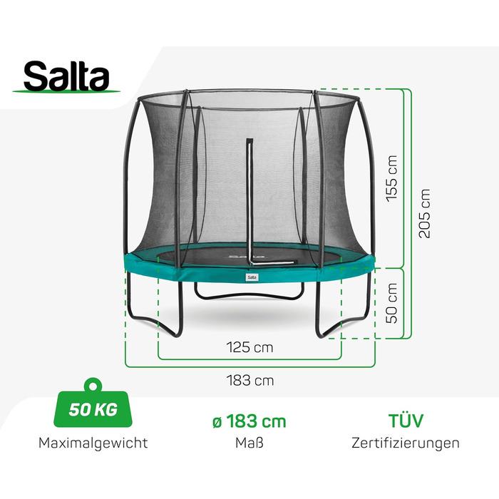 Трамплін Salta Comfort Edition – діаметр 183-427 см – сертифікований TÜV – зелений/рожевий – круглий вуличний/садовий, комплект з мат, сітки, пружин, захисту борта