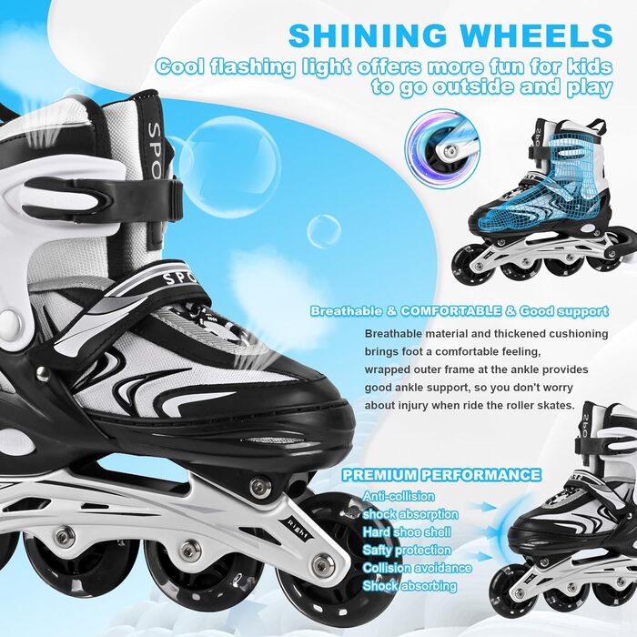 Регульовані дитячі ролики для хлопчиків та дівчаток, ролики для дітей, ролики для дівчаток та хлопчиків, ролики для підлітків, ролики для малюків, для занять в приміщенні та на вулиці, чорно-білі