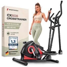 Еліптичний тренажер Sportstech CX608 для дому: безшумний крос-тренажер з маховиком 10 кг, 8 рівнями навантаження, LCD-дисплеєм та пульсометром, до 120 кг, чорний