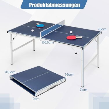 COSTWAY Міні стіл для пінг-понгу складний, стіл для тенісу вологостійкий, з сіткою, 2 ракетки та м'ячі, готовий до використання, для відпочинку в приміщенні та на вулиці, 152,5 x 76 x 71 см