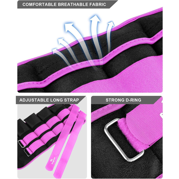 Набір вантажних манжет Fragraim для ніг та рук (пара), 1.5-10 кг, фіолетовий. Регульовані вантажі для зап'ястя та щиколотки. Подвійна застібка.