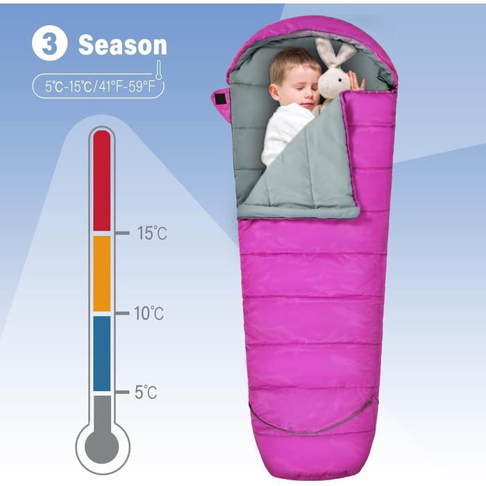 Сплячий мішок для дітей REDCAMP 175x65 см, рожевий. Теплий, зручний, регульований, для кемпінгу та відпочинку на природі. 3-сезонний