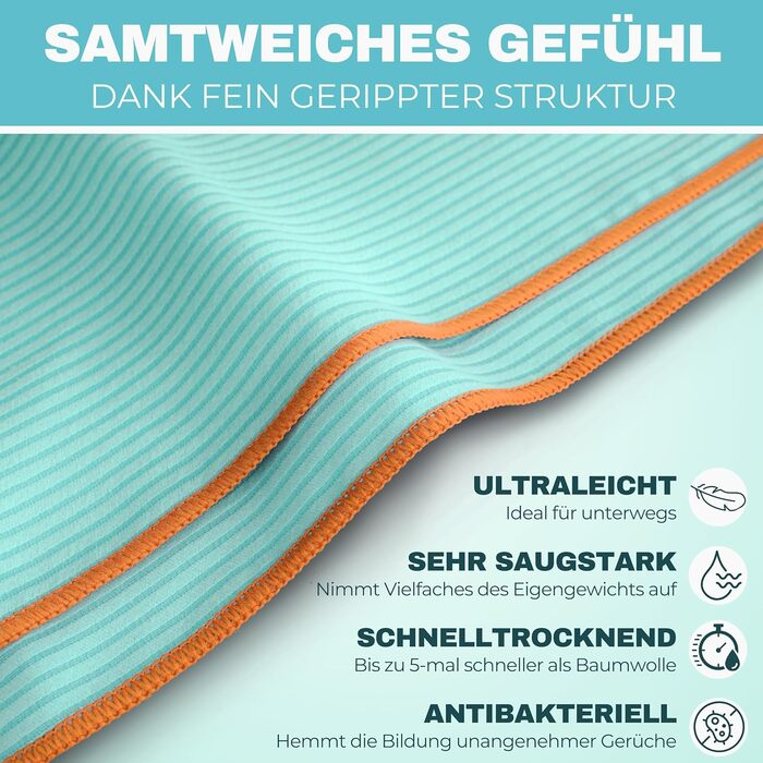 Рушник PEAQUE з мікрофібри з текстурою - легкий, компактний, швидковисихаючий, XL, 200 x 100 см, блакитний/помаранчевий (край: помаранчевий), 1 шт.