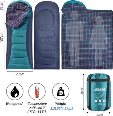 Сплячий мішок RISEPRO Легкий, 1,6 кг фланелевий, водонепроникний, для 3-4 сезонів, дорослих та дітей, для відпочинку на природі, кемпінгу, трекінгу (Зелений)
