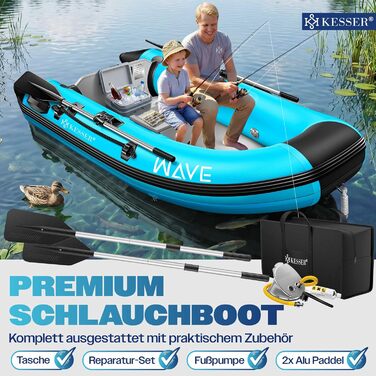 Надувний човен KESSER Wave 230-320 см (6 елементів): човен, лавка, насос, весла, ремкомплект, сумка. Можливість встановлення мотора, для солоної води.