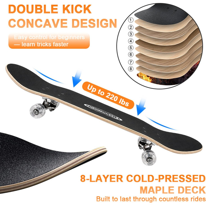 Скейтборд ChromeWheels 31 дюйм Double Kick Cruiser Longboard для дітей та початківців з кленовою декою 8 шарів (Feuer)