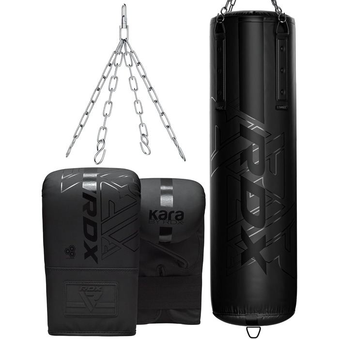 Боксерська груша RDX 145 см з наповнювачем 50 кг, рукавичками та сталевим тросом. Шкіряна, для боксу, фітнесу, кікбоксингу, MMA, муай-тай, карате. Чорний колір, 3 шт.