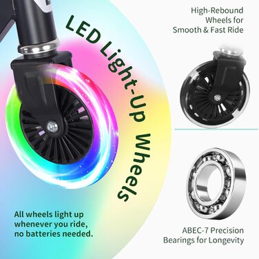 Белеїв V2 Роликовий Самокат для дітей 3-12 років з LED-підсвічуванням, регульованою висотою та заднім гальмом, складний, чорний