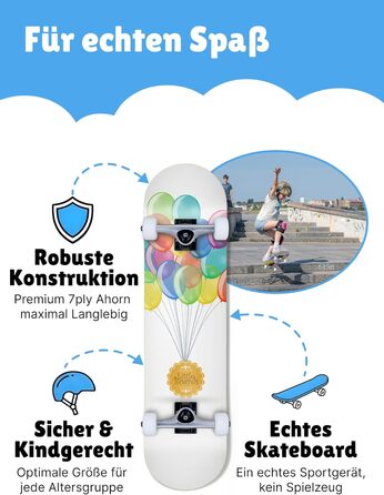 Скейтборд дитячий від 3 років Komplettboard для початківців 3-11 років, 7-шаровий клен, підшипники ABEC 5, антиковзке покриття (Balloon)