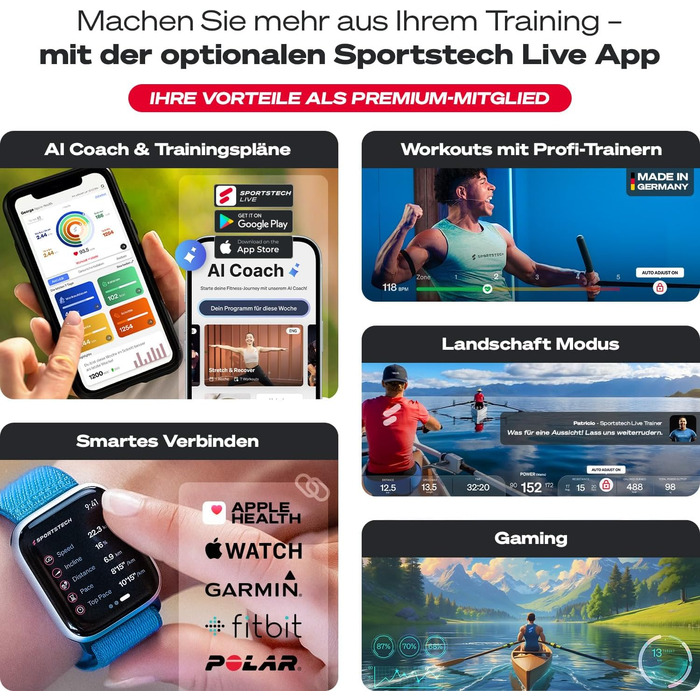 Sportstech PROwer: тренажер для дому з магнітним опором, LED-дисплеєм, Bluetooth та вертикальним зберіганням (чорний)