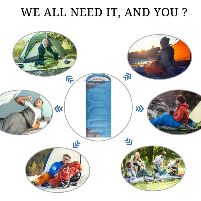 Спальний мішок 3-4 сезони для дорослих та дітей, 86.61''x31.49'', водонепроникний, для кемпінгу та подорожей, блакитно-сірий