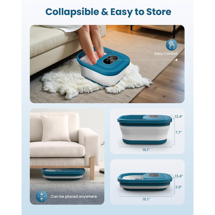 Зручне ванночка для ніг Comfier з масажем, підігрівом та функцією бульбашок | Складаний масажер для ніг | Вібрація, функція бульбашок, таймер, пемза для педикюру, 35°C-48°C, 8 Shiatsu роліків (Чорний, Синій)