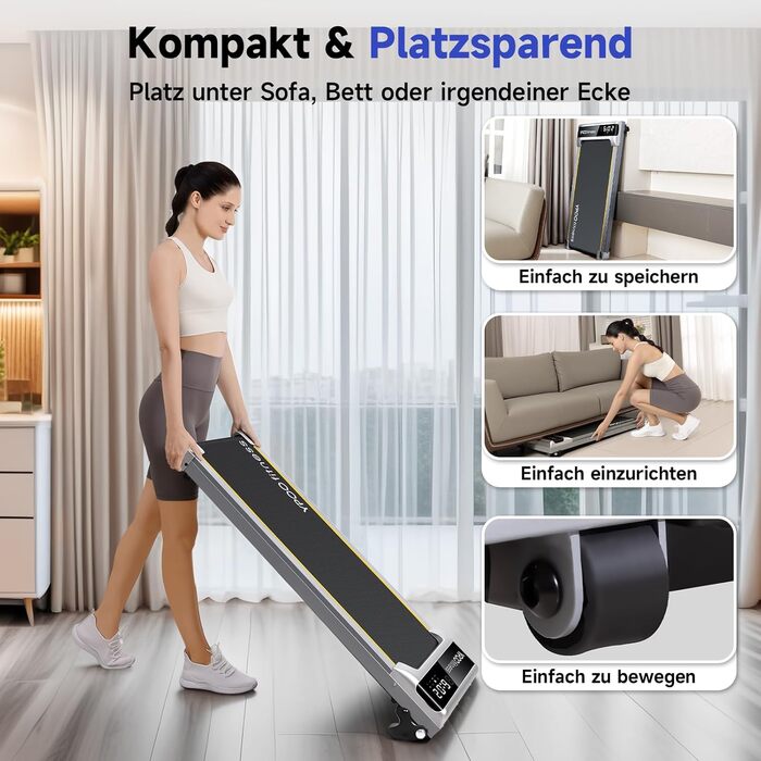 Walking Pad YPOO з регулюванням нахилу, 1-6 км/год: компактне бігове полотно для дому та офісу, до 140 кг, тихе, з LED-дисплеєм, пультом та APP, срібне