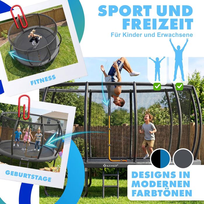Батут KESSER® Outdoor Ø 244/305/366/427 см з сертифікатом GS, для дітей та дорослих (до 150 кг) з захисним сітком, сумкою, сходами, захисним бортиком та м'якими стійками сітки, антрацит