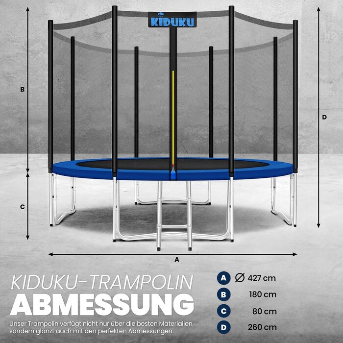 Трамплін KIDUKU® Ø 244/305/366/427 см | Комплект з сіткою, сходами, захистом бортів та аксесуарами | Для дітей, набір для саду | Макс. навантаження 150 кг