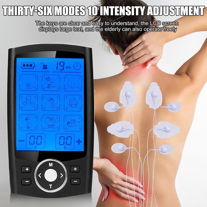 TENS пристрій для зняття болю: перезаряджуваний масажер з 36 програмами, EMS для спини, шиї, плечей, ніг (Чорний)