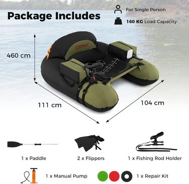 Надувний човен FANTASK для риболовлі з насосом, алюмінієвим веслом та ластами, регульованим утримувачем для вудки, статором для гачків, для дорослих, зелений