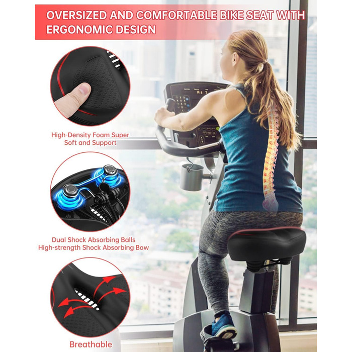 Широке велосипедне сідло з пам'яті ефекту для жінок та чоловіків, чорне/червоне. Зручне, водонепроникне, дихаюче, з інструментами. Підходить для міських велосипедів, шосе, MTB, круїзерів, велотренажерів.