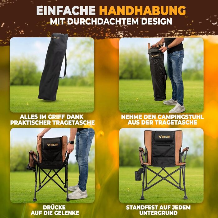 Складний туристичний стілець Ørnland для кемпінгу, риболовлі та пляжу - чорний/коричневий, до 150 кг, з кишенькою та підстаканником