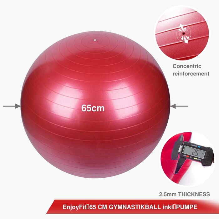 Гімнастичний м'яч Enjoy Fit 65 см анти-вибуховий, до 500 кг, з насосом, для пілатесу, йоги, фітнесу, домашнього спортзалу та офісу, червоний