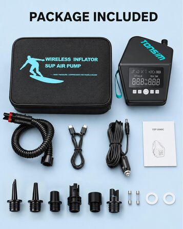 Електричний насос Tonsim Sup Pumpe 20 PSI з акумулятором для SUP-дощок, каяків, надувних човнів та кемпінгу (чорно-сірий)
