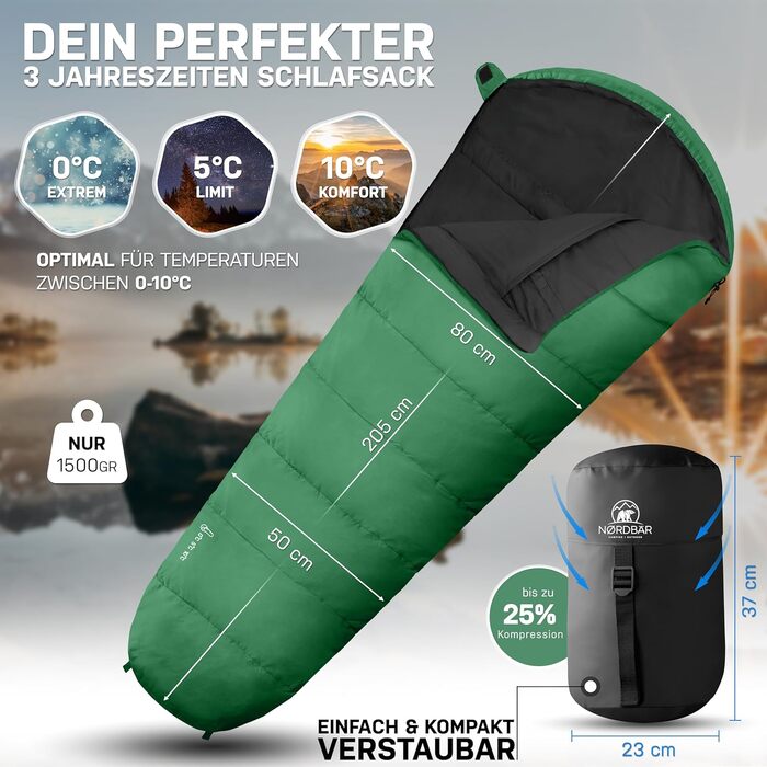 Сплячий мішок NORDBÄR® 3 сезони/літо, ультралегкий [750г/1500г] | Спальний мішок-кокон для кемпінгу | Компактний | Outdoor, подорожі, гірські хатини | Літній спальний мішок, зелений