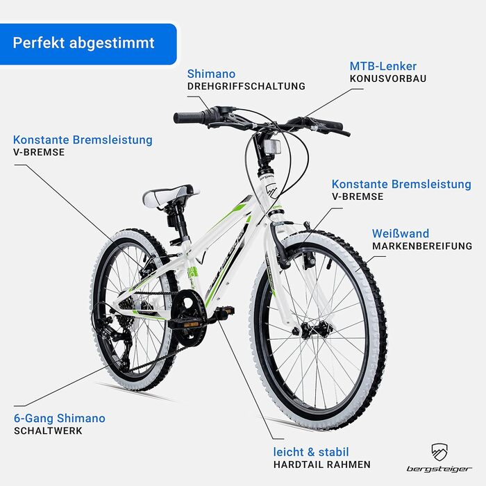Дитячий велосипед Bergsteiger Kansas 24 дюйми, Shimano 6 передач, для хлопчиків і дівчат 8-11 років, чорний, гірський, з білими шинами