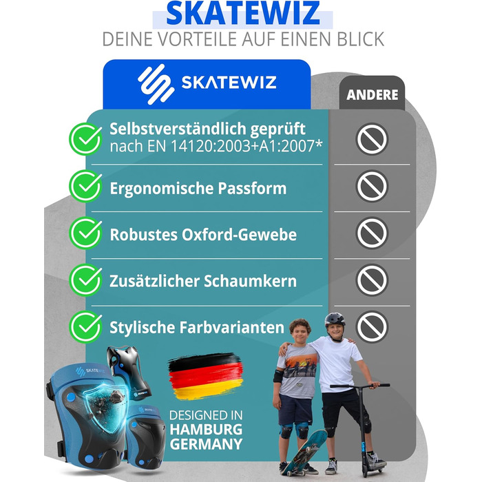 Набір захисту SKATEWIZ 6 шт. для дітей та дорослих: наколінники, налокітники, захист зап'ястя. З сумкою. Protect-1, колір блакитний, розмір XS.