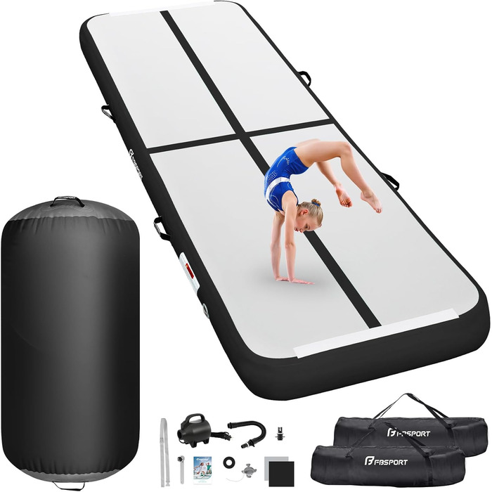 FBSPORT Килимок для гімнастики та йоги надувний, 400x100x10 см, з ролею, чорно-сірий