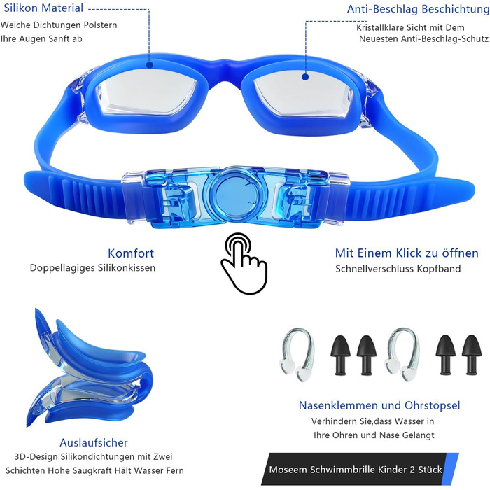 Окуляри для плавання для чоловіків, жінок та дітей. Захист від запотівання та УФ-фільтр. Aqua&Klar (Світло-блакитний & Прозорий)