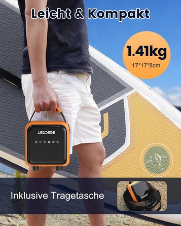 Електричний насос для SUP-дошки з акумулятором, 20 PSI компресор з функцією спуску повітря, двоступеневий автоматичний насос для сапборда, каяка, човна та намету