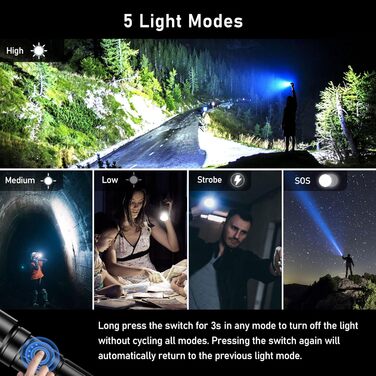 Ліхтар Blukar LED акумуляторний, 500000 люмен, тактичний, з функцією зуму, 5 режимів, водонепроникний IP67, для кемпінгу, туризму, риболовлі, надзвичайних ситуацій, чорний