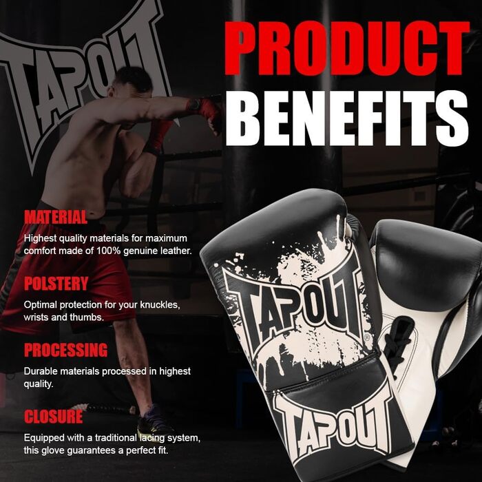 Боксерські рукавички Tapout з натуральної шкіри, Angelus Black/Ecru, 10 унцій, 1 пара