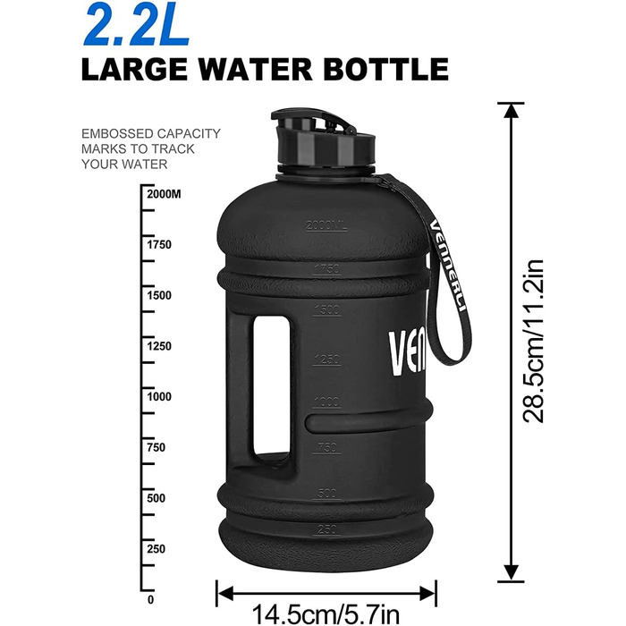 VENNERLI Спортивна пляшка для води 2,2 л, пластикова, зручна ручка, BPA Free, не протікає, для тренувань, фітнесу, спортзалу, офісу та дому, матова синя