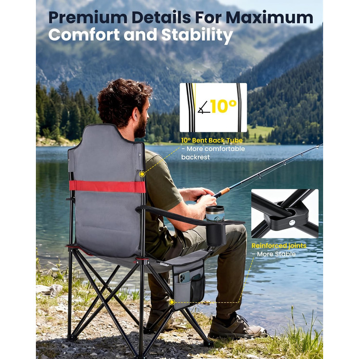 Складане кемпінгове крісло YEAUPE PRO X-Large, посилене, комфортне з м'якою підкладкою, витримує до 150 кг