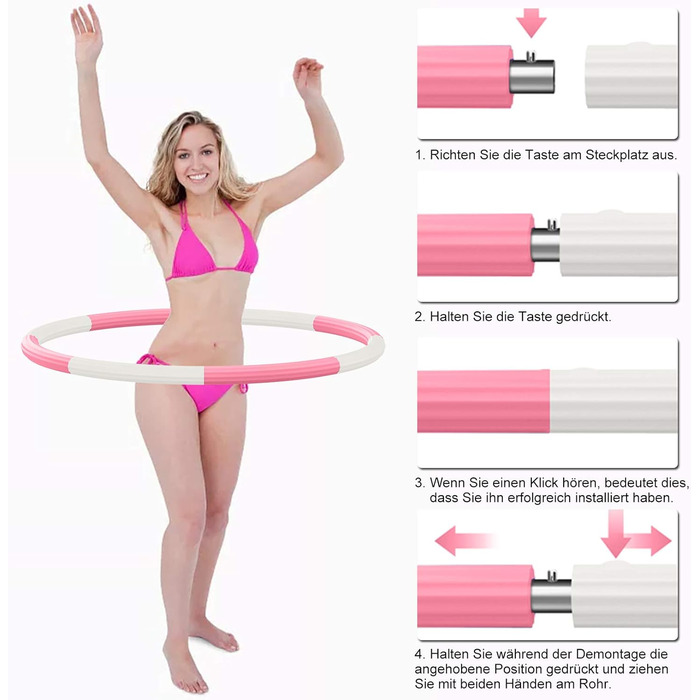 Обруч для фітнесу BLAIKOYI Hula Hoop для дорослих, 8 секцій, регульована вага 1,2-3,5 кг, сталевий сердечник, для схуднення, біло-рожевий