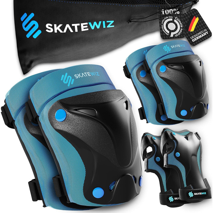 Дитячий захисний комплект SKATEWIZ 6 в 1: наколінники, налокітники, захист для зап'ясть, синій, для роликів, регульований розмір M, для дітей і дорослих